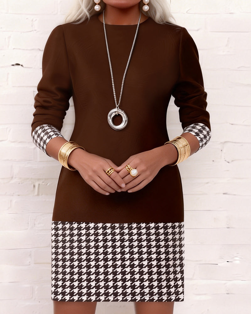 Robe Pied-de-poule Panneaux Manches Longues