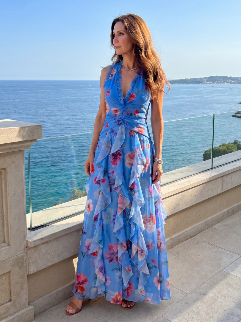 Nori | Robe Maxi Florale à Encolure Halter et Corps Froncé