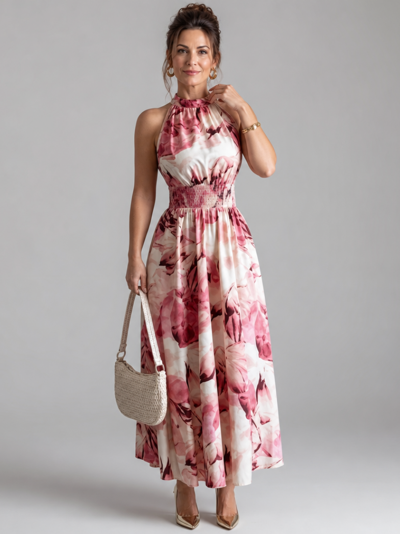 Olivia | Robe Midi à Taille Froncée Imprimé Abstrait
