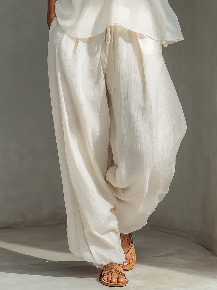 Ensemble Deux Pièces Crème Femme Avec Top Sans Manches En Chiffon Semi-Transparent & Pantalons À Jambe Large En Mélange De Coton Et Lin