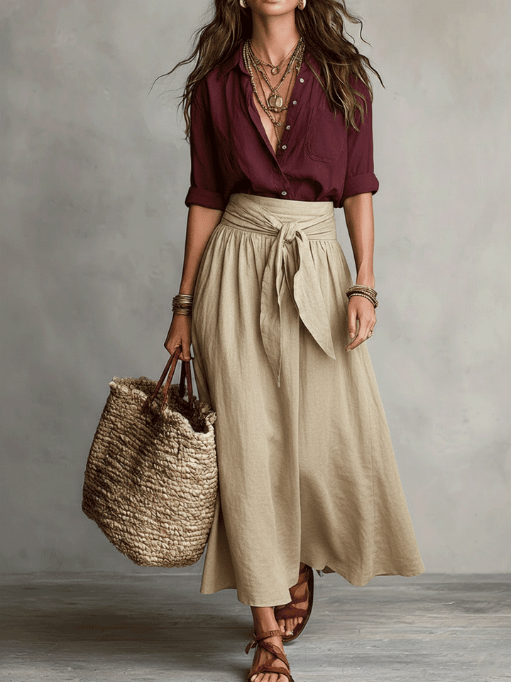 Ensemble Blouse Noire Boho Effortless & Jupe Midi Satin Olive