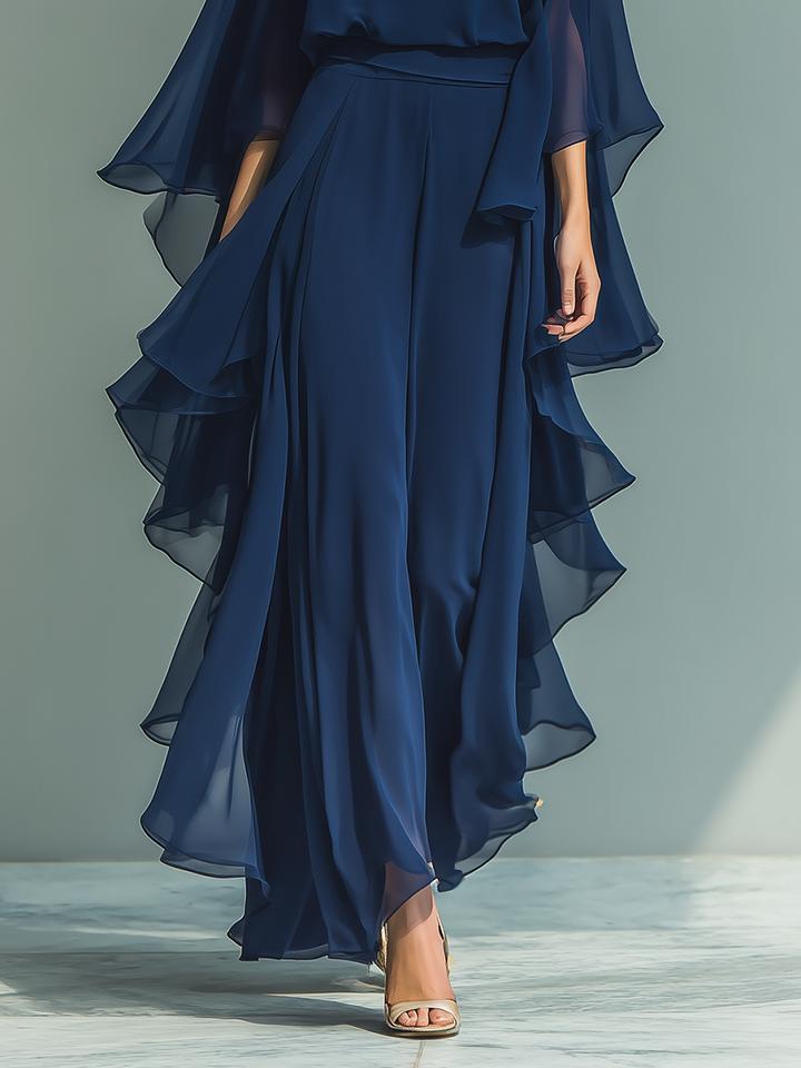 Clara | Ensemble en Chiffon Bleu Marine avec Pantalon à Volants