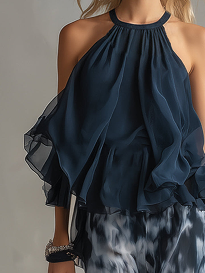 Ludovica – Ensemble élégant en chiffon avec haut à col montant et pantalon large imprimé