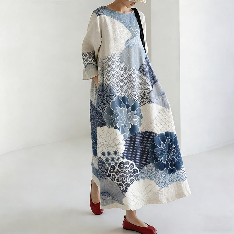 Robe en Lin de Style Japonais pour Femmes avec Motif Floral