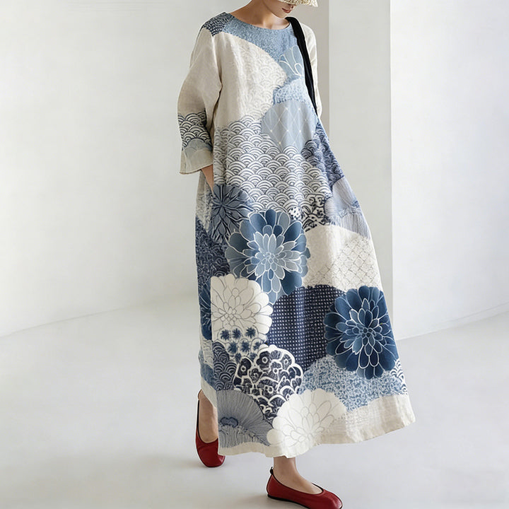 Robe en Lin de Style Japonais pour Femmes avec Motif Floral