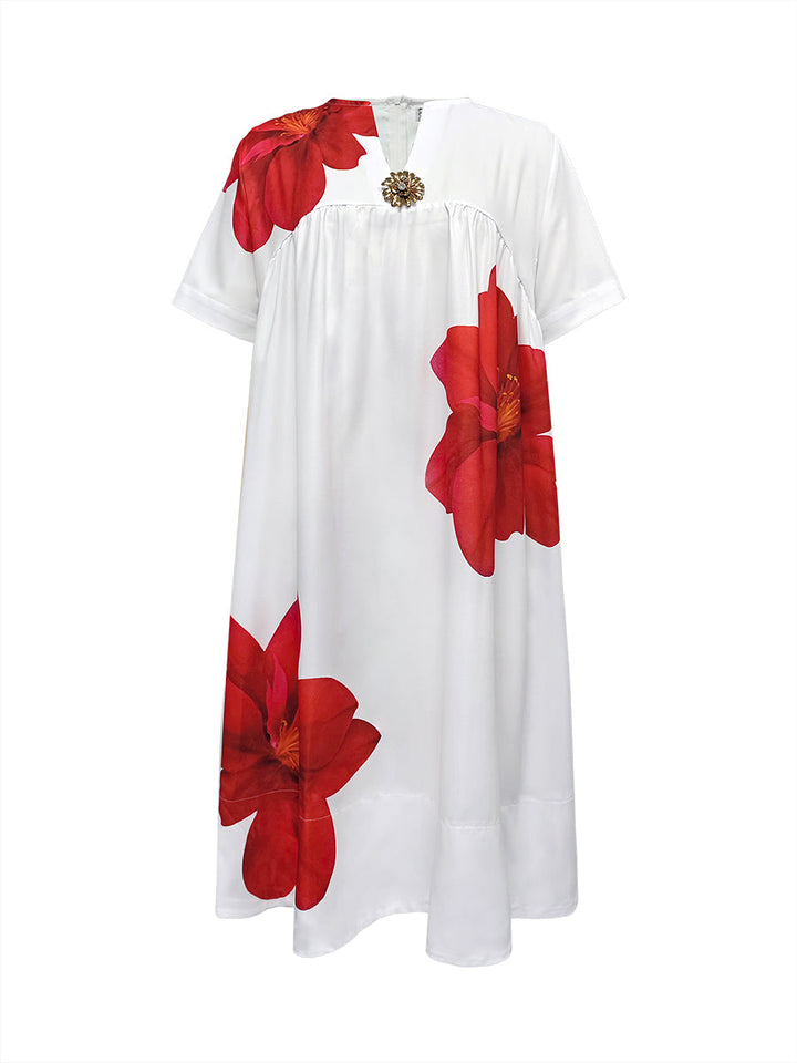 Flore | Robe Midi Ample Imprimé Fleurs Rouges Col V & Fronces