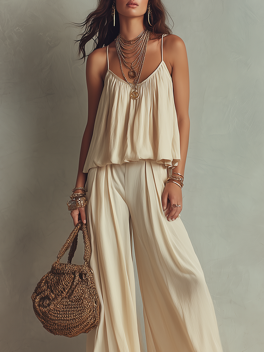 Ensemble Haut Flottant Blanc Cassé et Pantalon Large Flottant