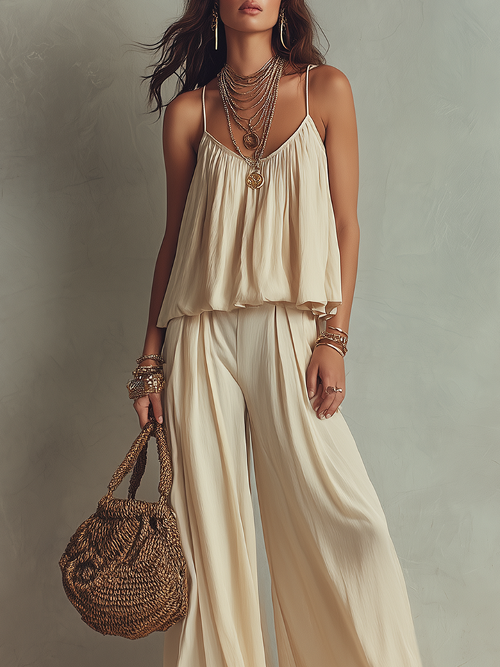 Ensemble Haut Flottant Blanc Cassé et Pantalon Large Flottant