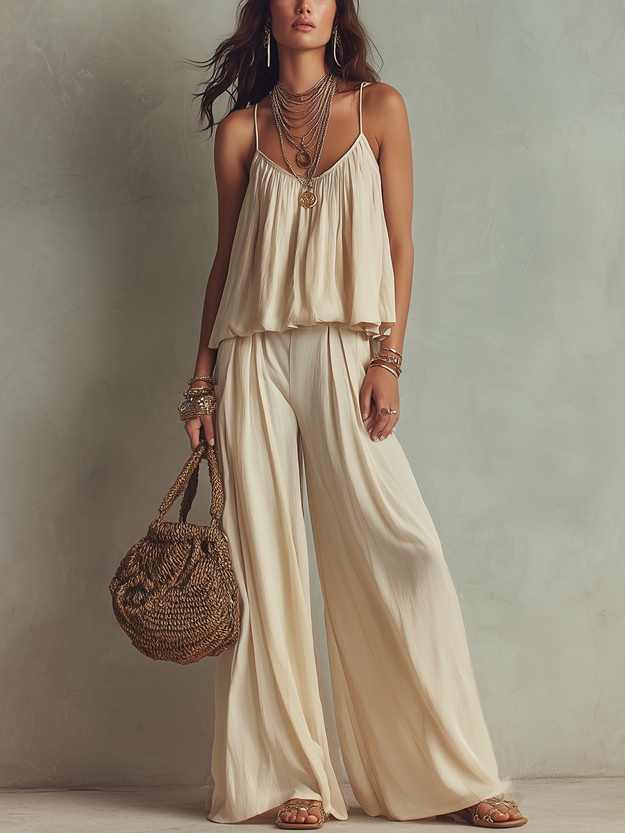 Ensemble Haut Flottant Blanc Cassé et Pantalon Large Flottant