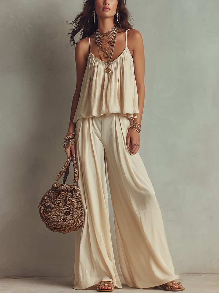 Ensemble Haut Flottant Blanc Cassé et Pantalon Large Flottant