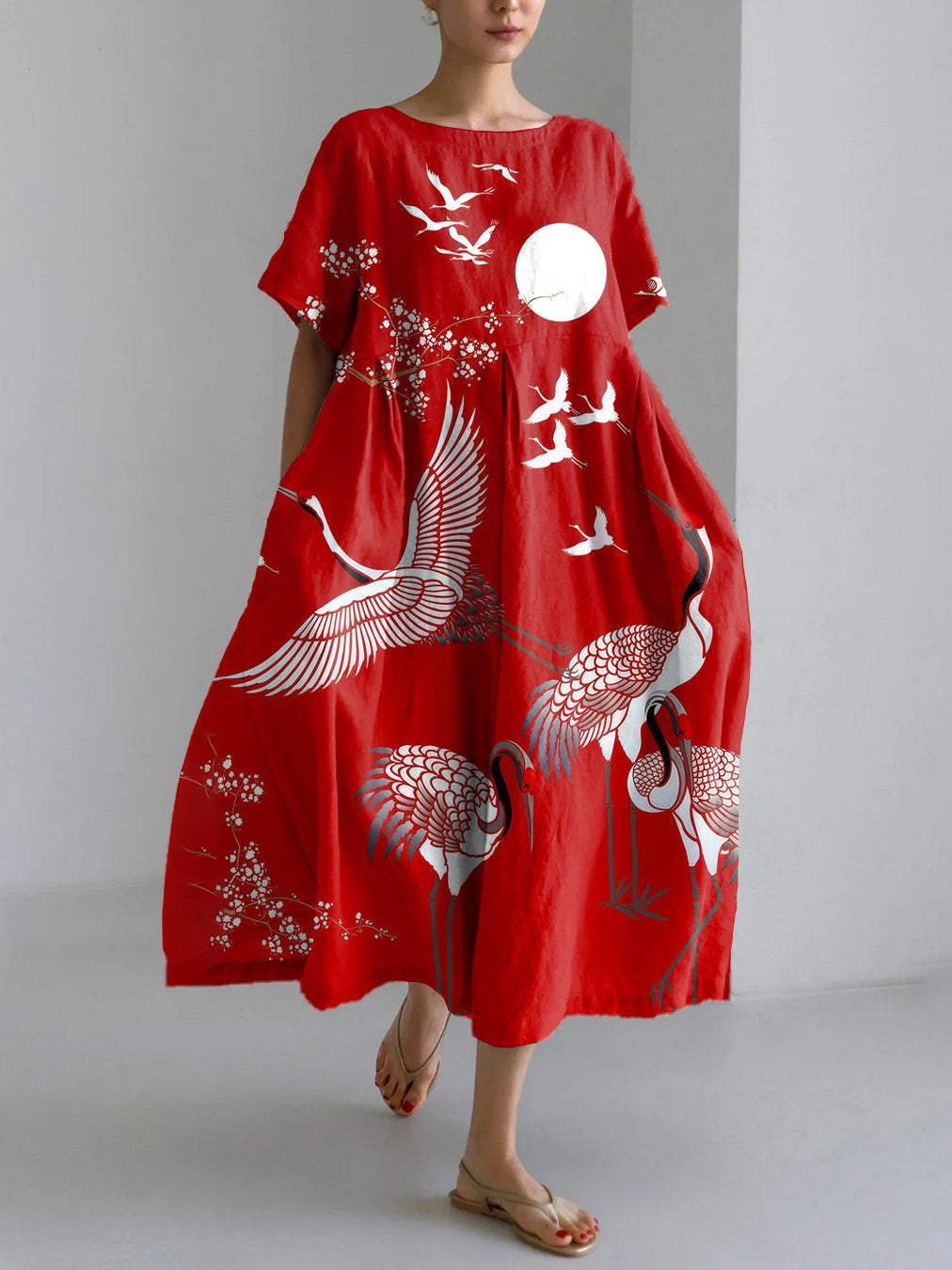 Robe Maxi en Lin Mélangé avec Imprimé de Grue Vintage