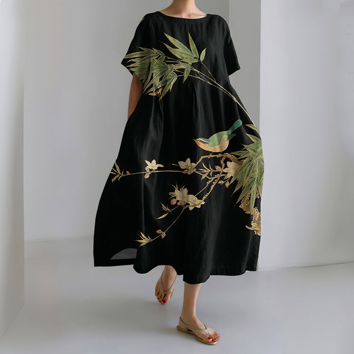 Robe Midi Imprimée Fleurie et Oiseau Art Japonais pour Femmes