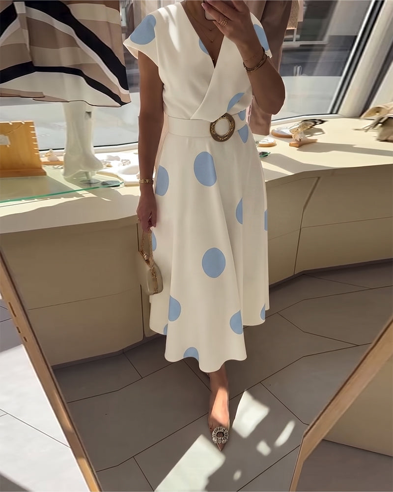 Ariel | Robe Midi Pois Grands Col V & Ceinture Dorée