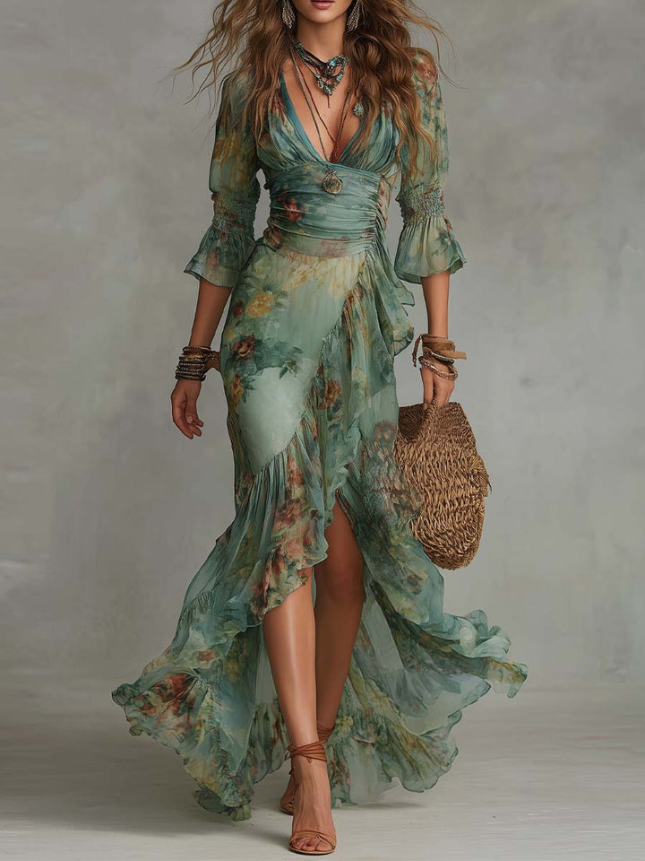 Aurora – Robe Maxi Florale Boho avec un Ourlet Asymétrique Romantique