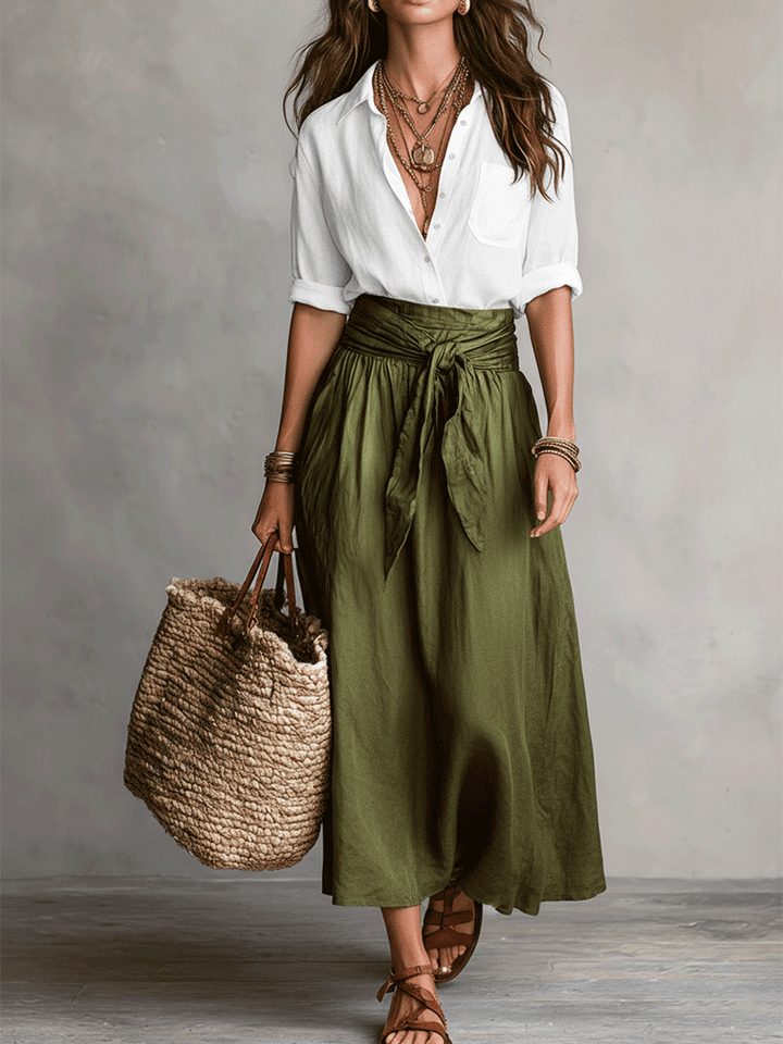 Ensemble Blouse Noire Boho Effortless & Jupe Midi Satin Olive