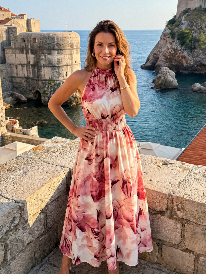 Olivia | Robe Midi à Taille Froncée Imprimé Abstrait