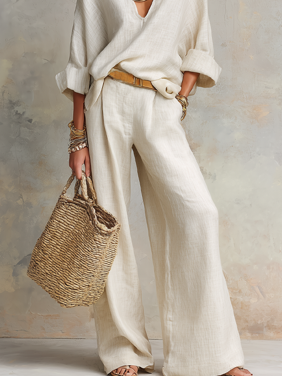 Ensemble de vêtements de loisirs en lin naturel blanc cassé à coupe décontractée