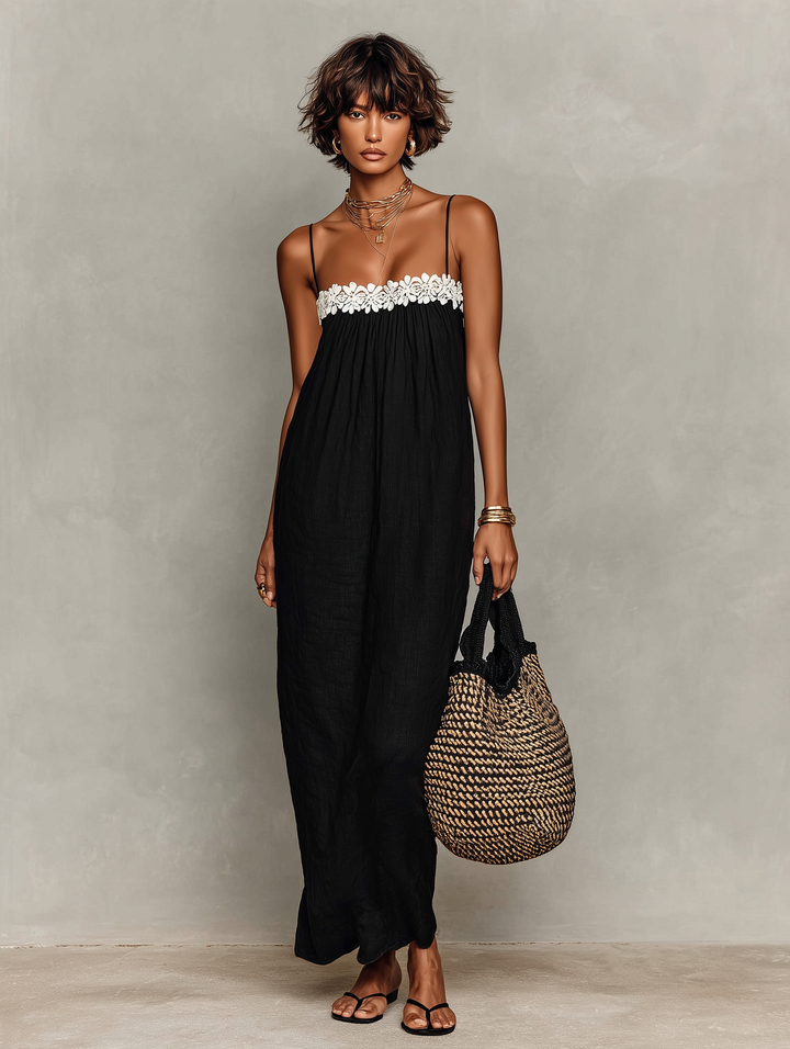 Robe Maxi Minimaliste Femme Sans Manches Avec Détails en Dentelle