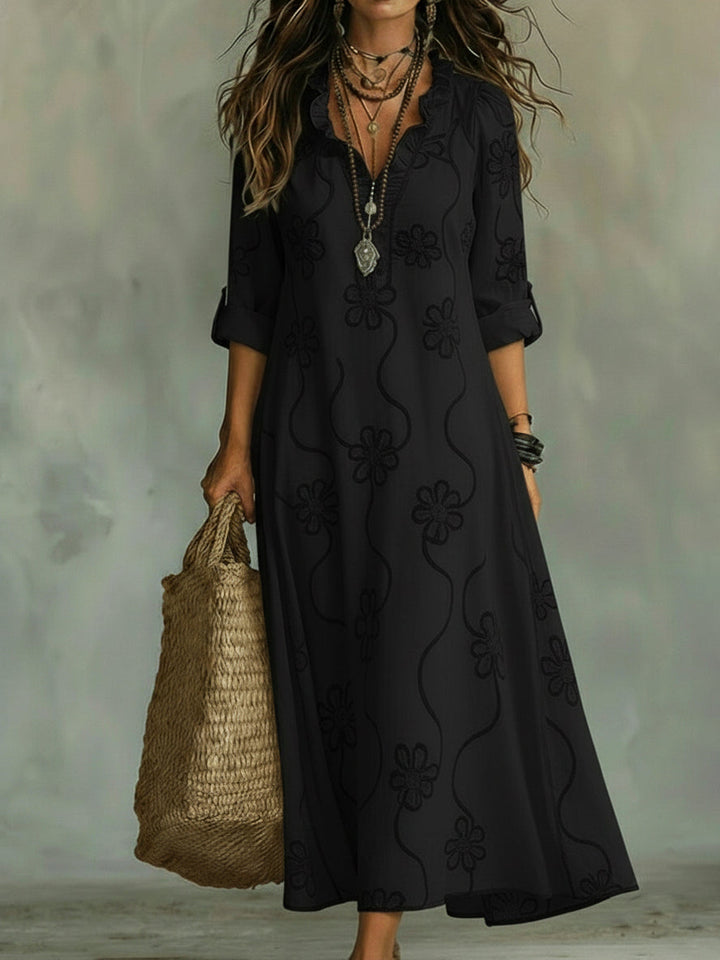 Blanche | Robe Longue Brodée Col Volant & Manches 3/4