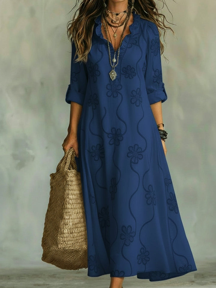 Blanche | Robe Longue Brodée Col Volant & Manches 3/4