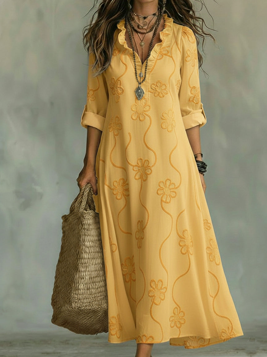 Blanche | Robe Longue Brodée Col Volant & Manches 3/4