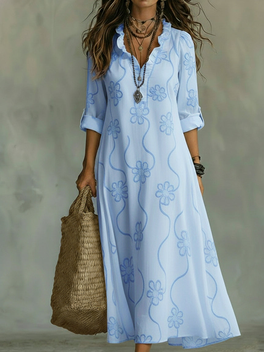 Blanche | Robe Longue Brodée Col Volant & Manches 3/4