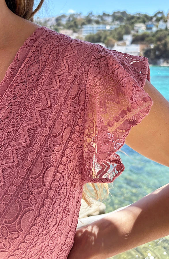 Angélique | Robe Midi Dentelle Col V Croisé & Manches Volantées