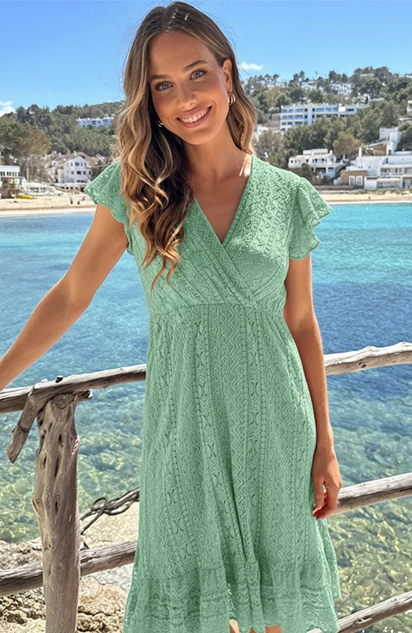 Angélique | Robe Midi Dentelle Col V Croisé & Manches Volantées
