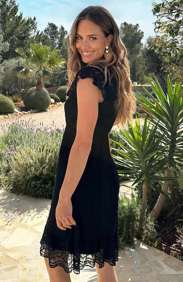 Angélique | Robe Midi Dentelle Col V Croisé & Manches Volantées