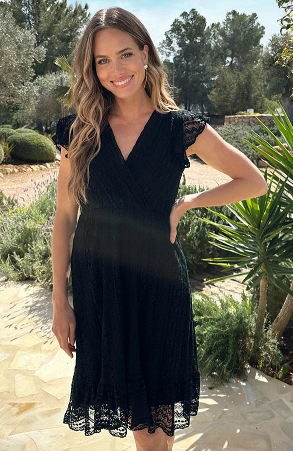 Angélique | Robe Midi Dentelle Col V Croisé & Manches Volantées