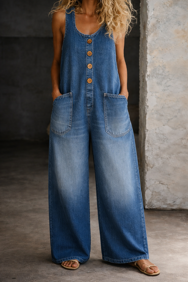 Lora | Combinaison Denim Sans Manches Boutonnée & Grandes Poches