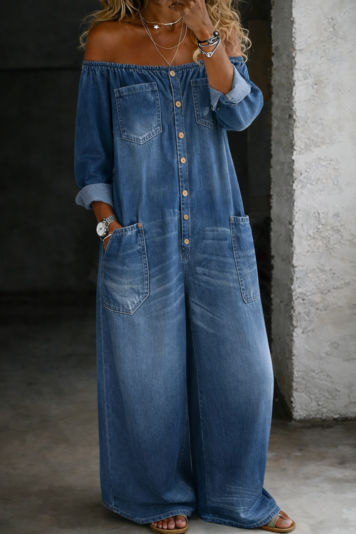 Vivienne | Combinaison Denim Épaules Dénudées Manches Longues & Grandes Poches