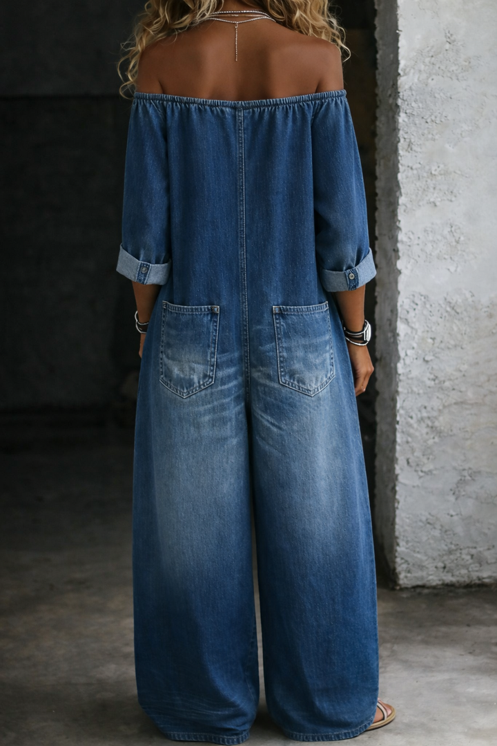 Vivienne | Combinaison Denim Épaules Dénudées Manches Longues & Grandes Poches