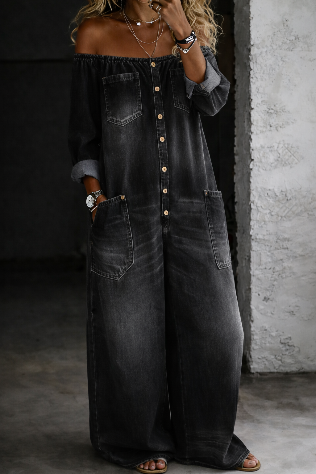 Vivienne | Combinaison Denim Épaules Dénudées Manches Longues & Grandes Poches
