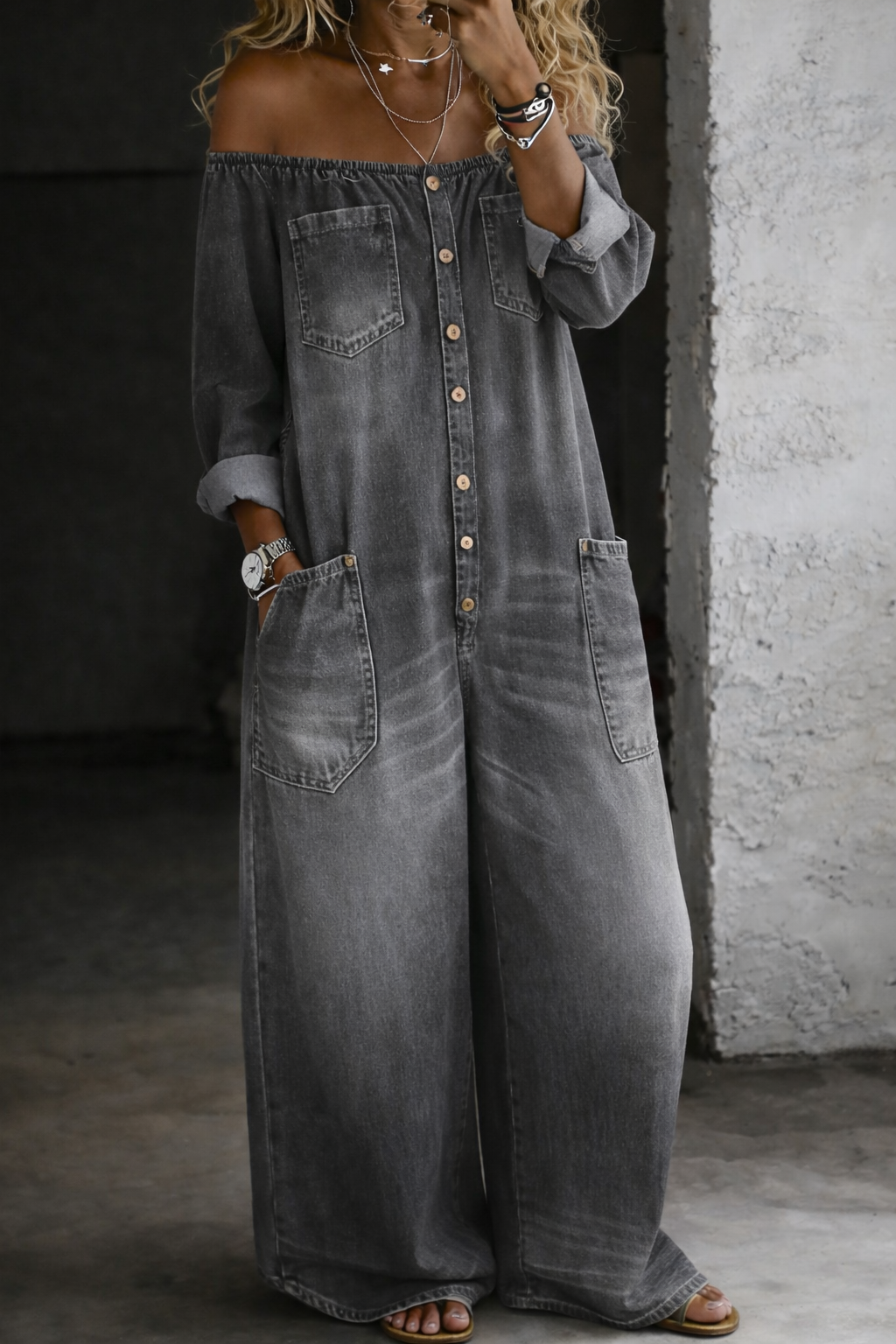 Vivienne | Combinaison Denim Épaules Dénudées Manches Longues & Grandes Poches