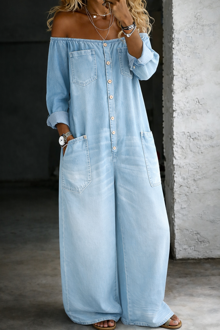 Vivienne | Combinaison Denim Épaules Dénudées Manches Longues & Grandes Poches