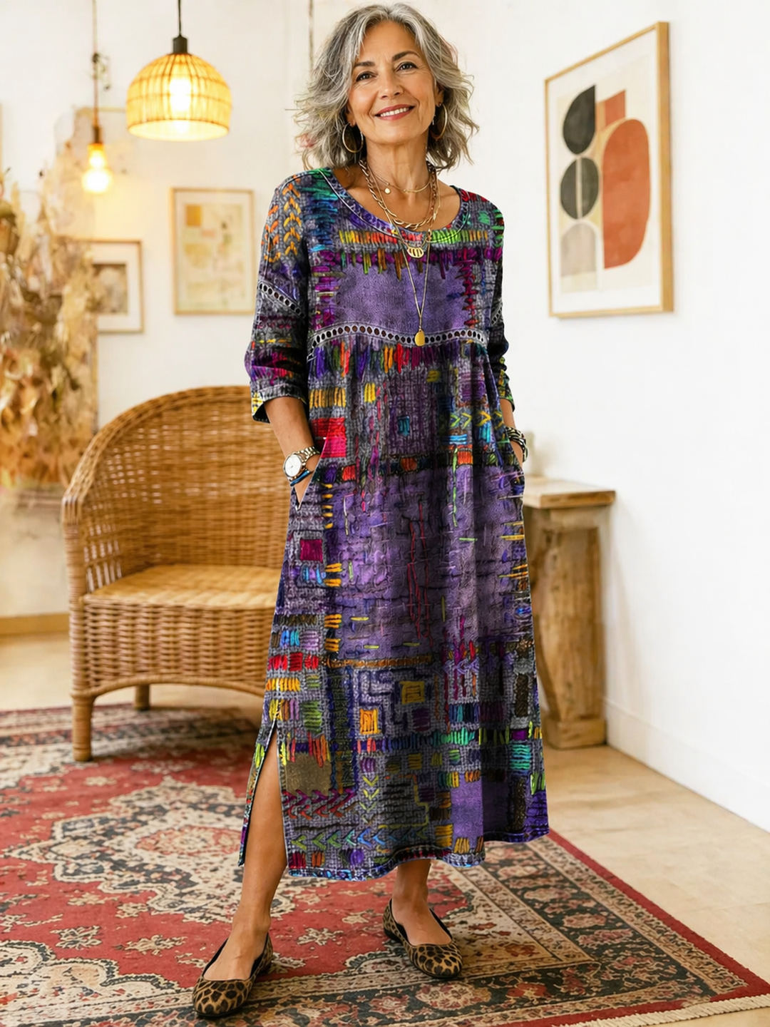 Manuela | Robe Midi Imprimé Patchwork Coloré & Poches Latérales