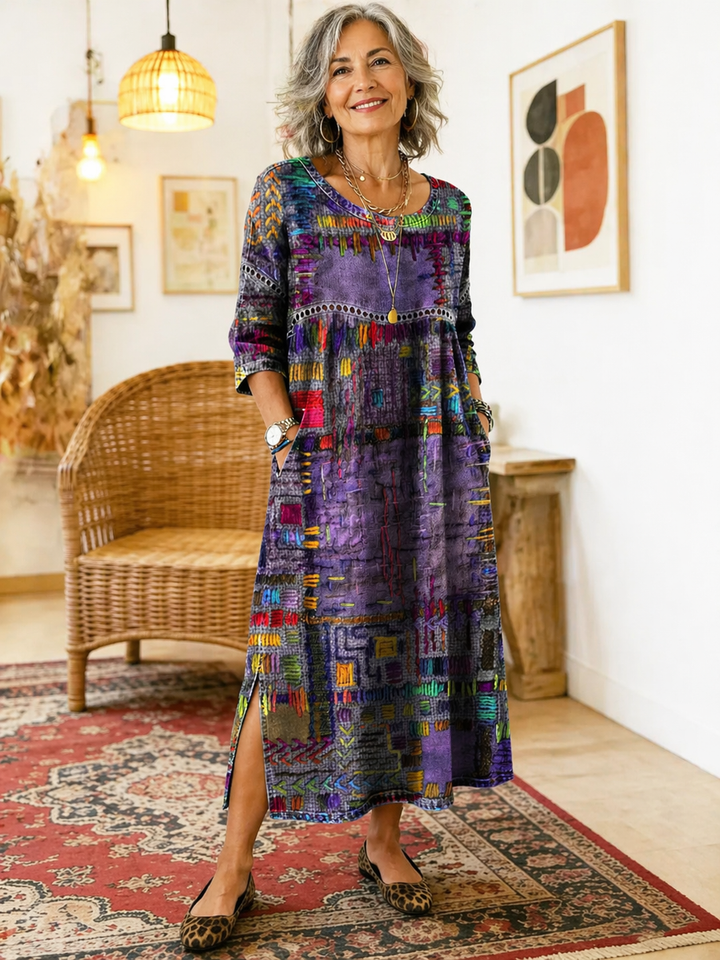 Manuela | Robe Midi Imprimé Patchwork Coloré & Poches Latérales