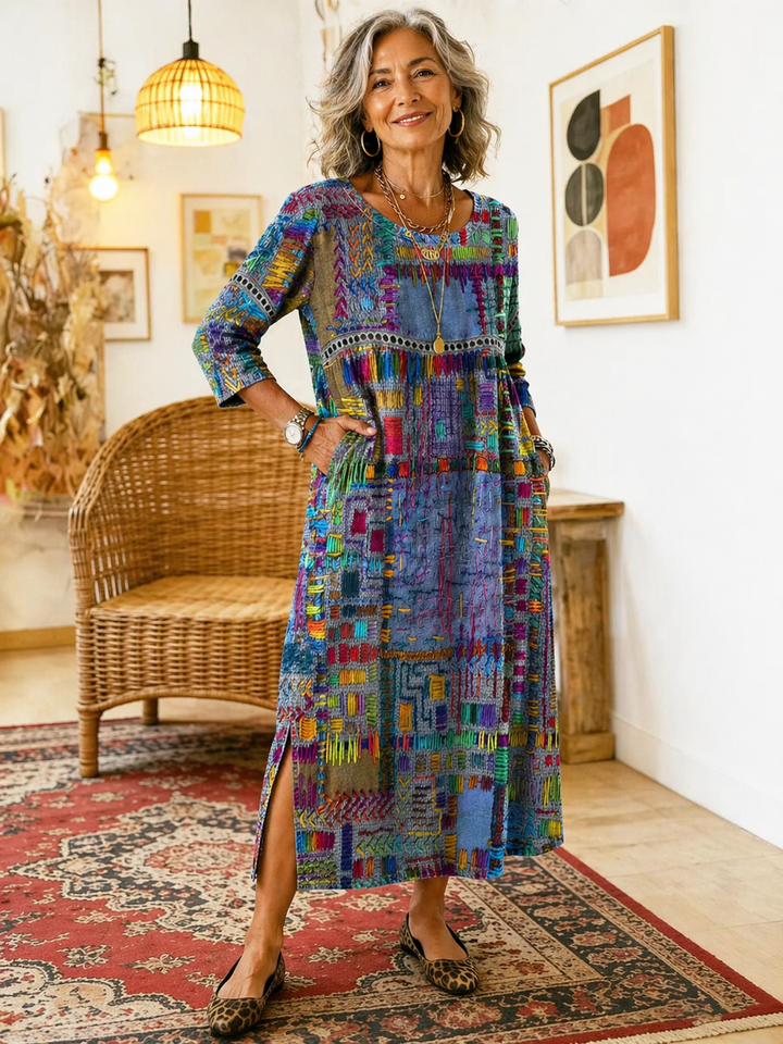 Manuela | Robe Midi Imprimé Patchwork Coloré & Poches Latérales