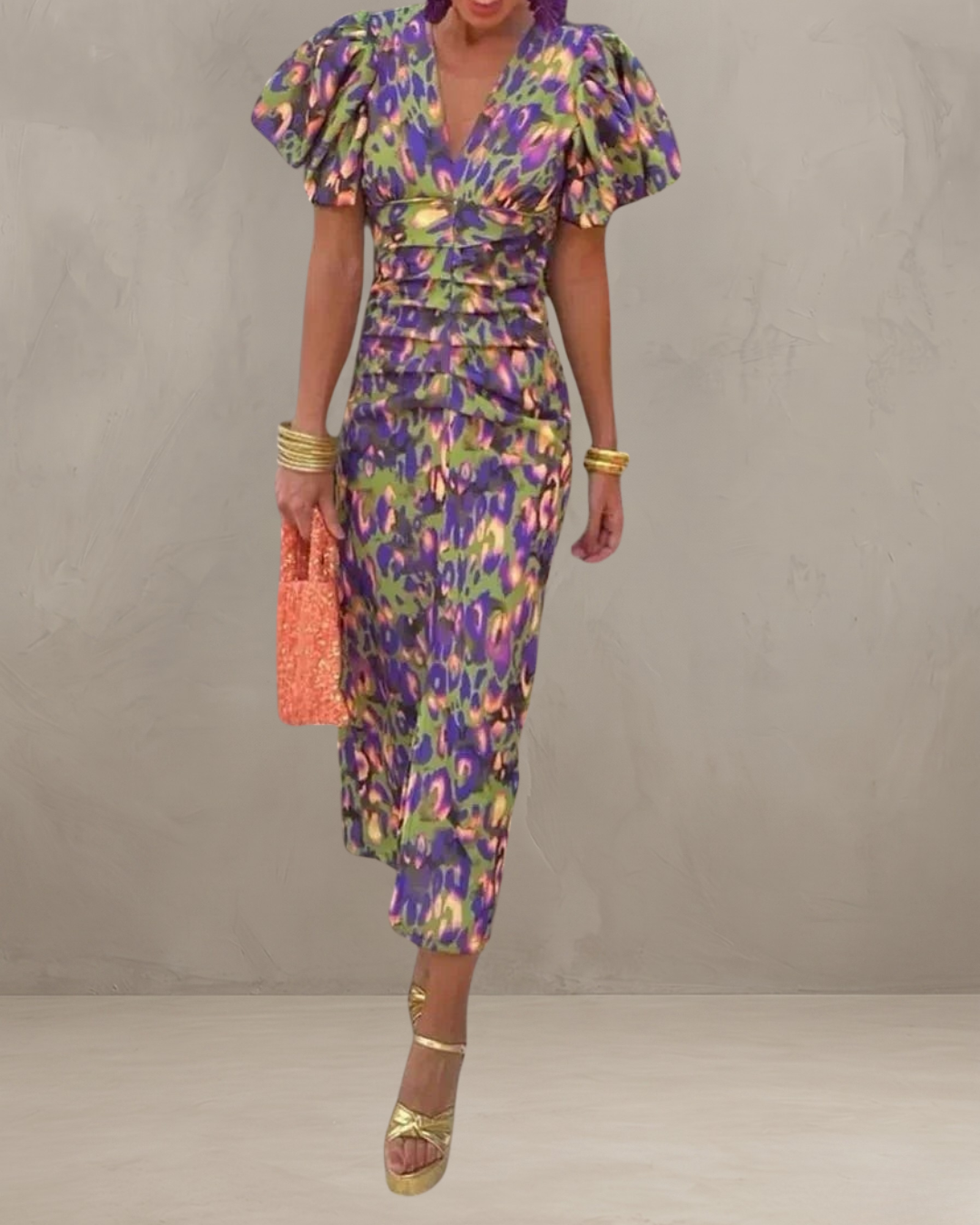 DEBORAH | ROBE MIDI VIBRANTE AVEC MANCHES BOMBÉES