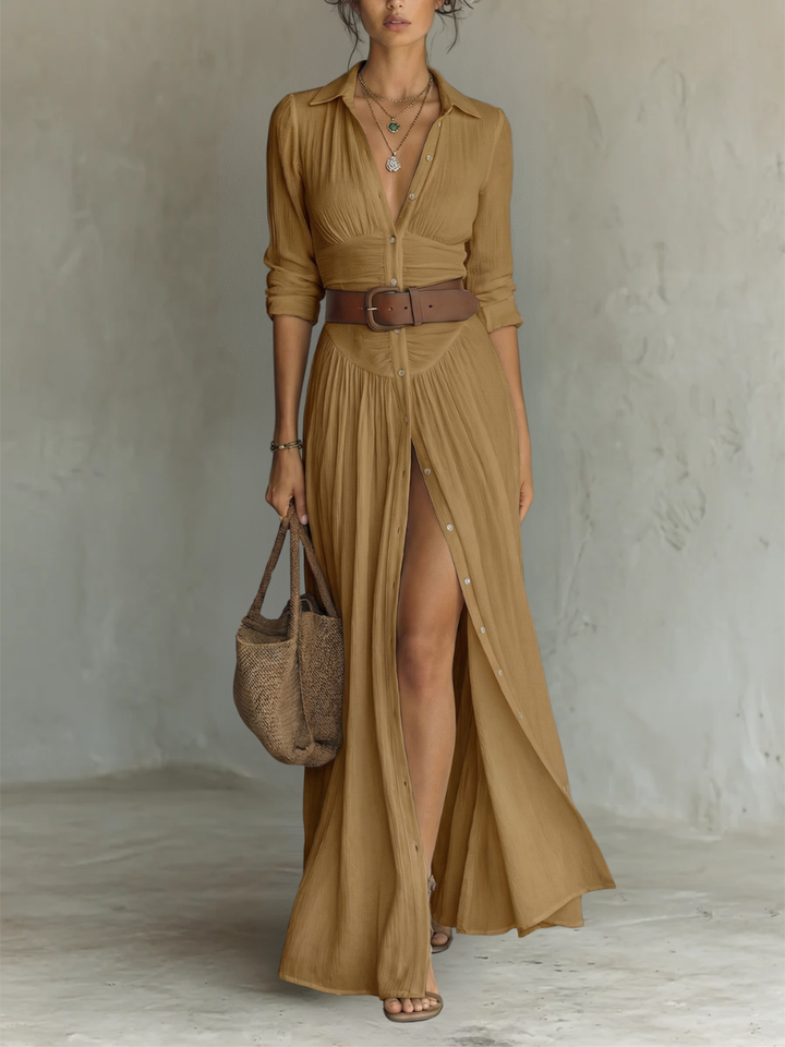 ESSENTIEL - Robe Maxi Longue avec Col Noté et Manches Longues pour Femmes