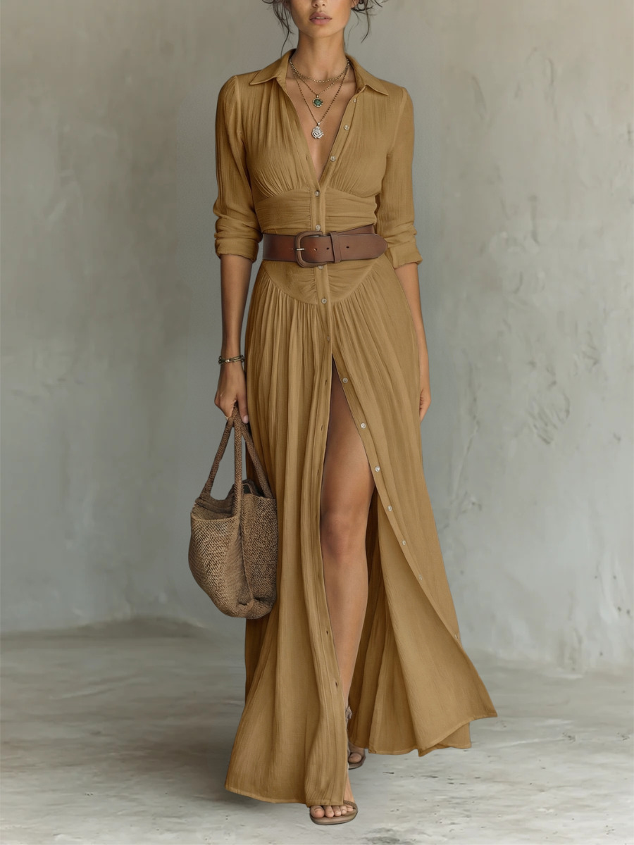 Paula | Robe Maxi en Lin à Col Revers à Manches Longues