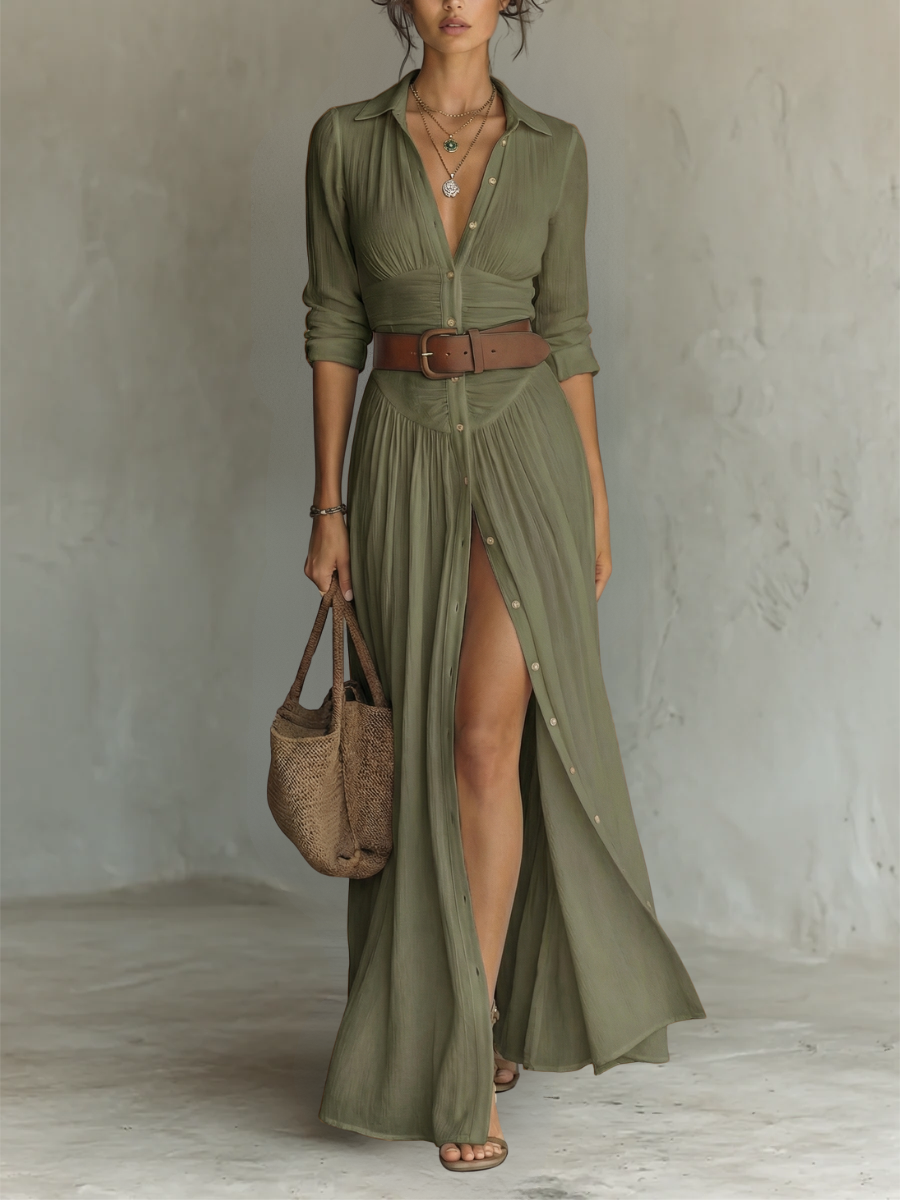 Paula | Robe Maxi en Lin à Col Revers à Manches Longues