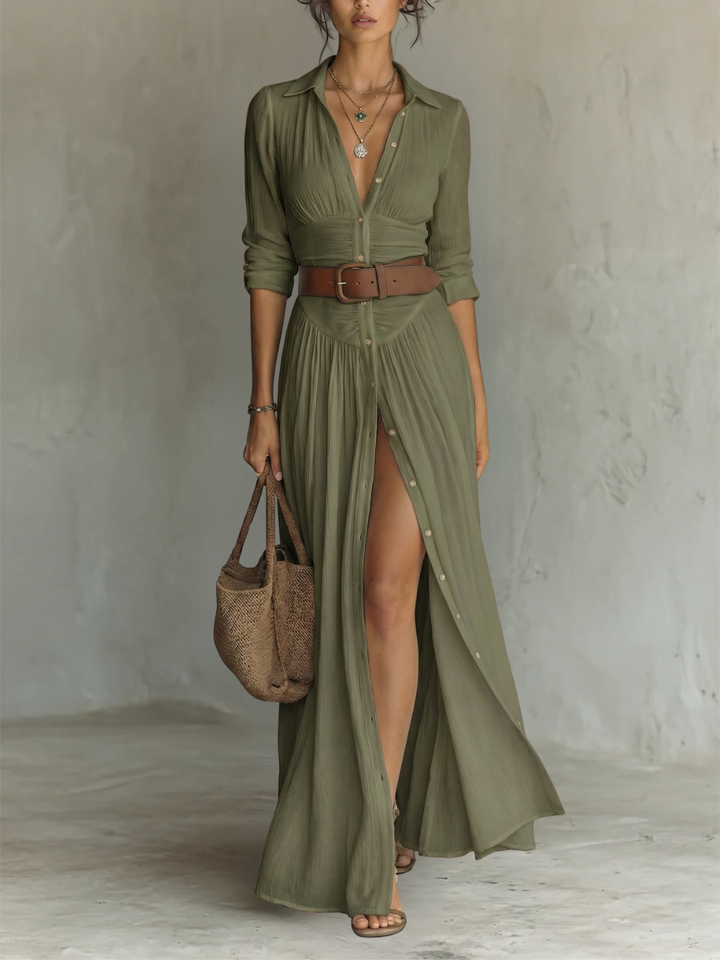 Paula | Robe Maxi en Lin à Col Revers à Manches Longues