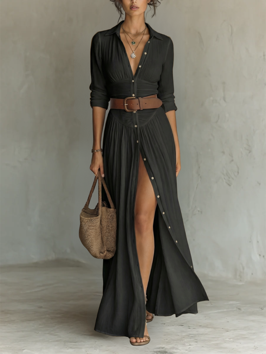 Robe Maxi Longue avec Col Revers et Manches Longues en Lin pour Femme