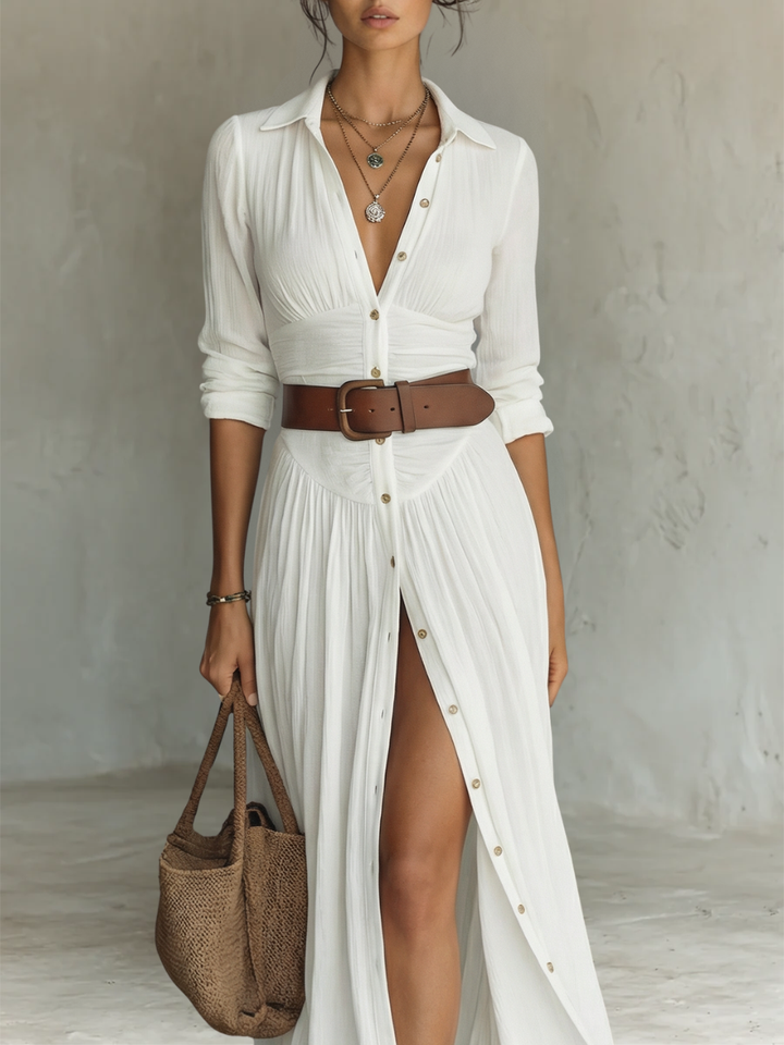 Paula | Robe Maxi en Lin à Col Revers à Manches Longues