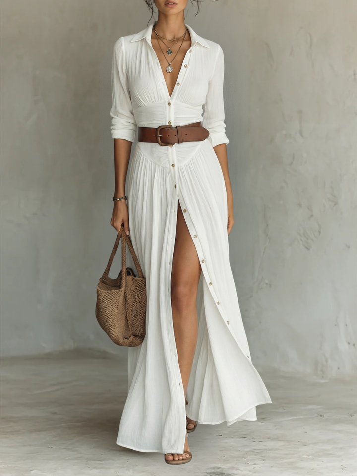 ESSENTIEL - Robe Maxi Longue avec Col Noté et Manches Longues pour Femmes