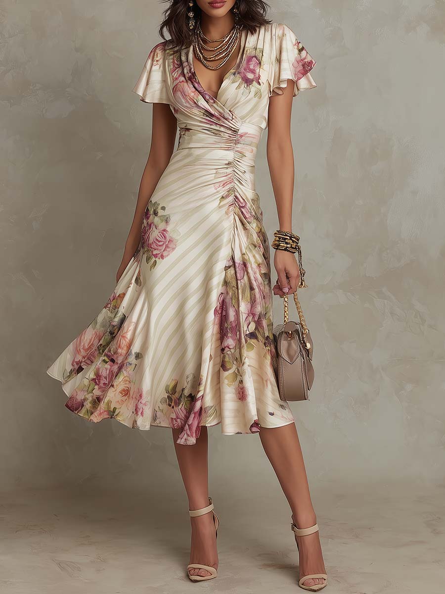Alba | Élégante Robe Midi Satinée à Fleurs Rétro
