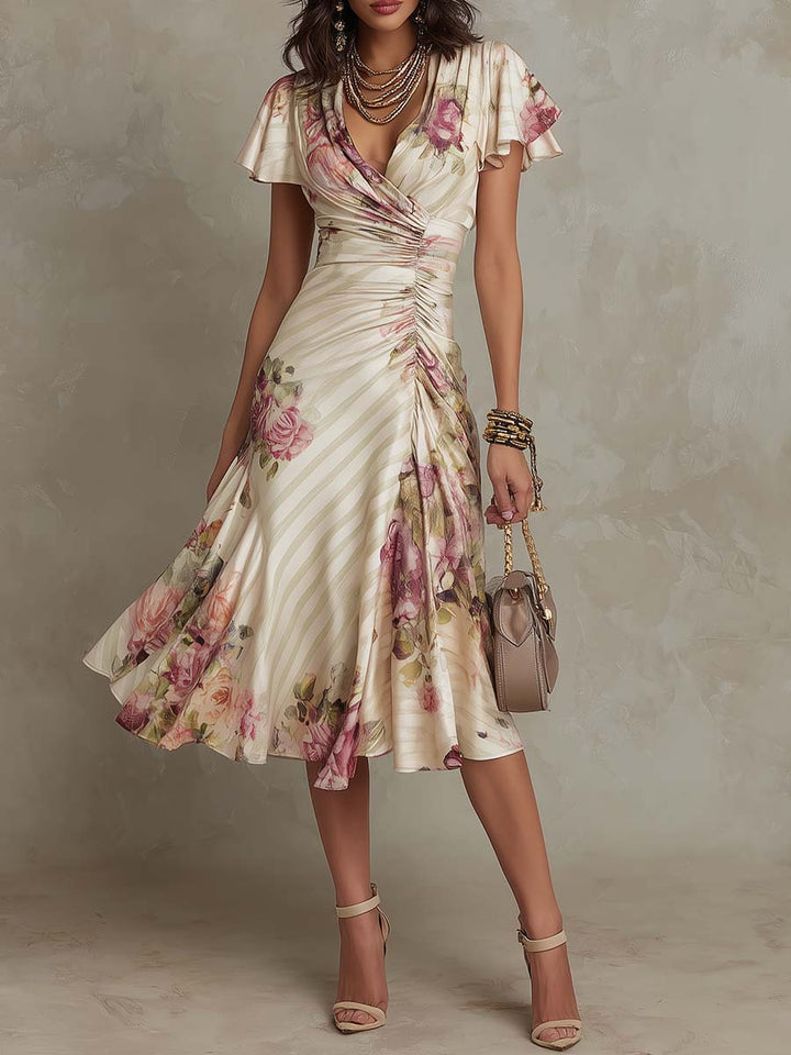 Alba | Robe Midi Drapée Élégante à Fleurs