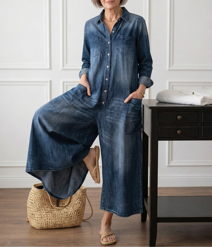 Diana | Salopette en denim doux lavé vintage avec fermeture à boutons
